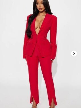 Red Tailored Blazer & Split-Hem Pants Jumpsuit Set